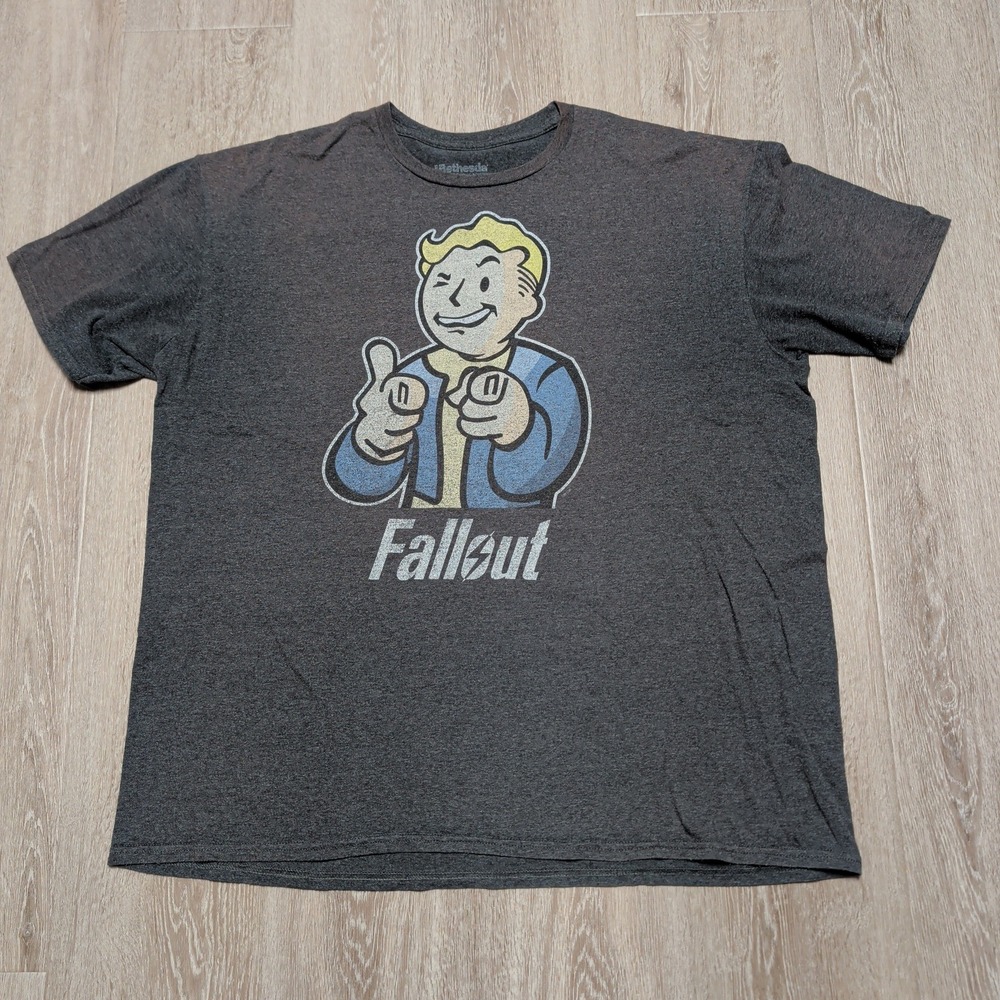 Bethesda Fallout Logo Vault Boy T-Shirt Mens XXL Gray Faded Gaming Tee 2XL‎